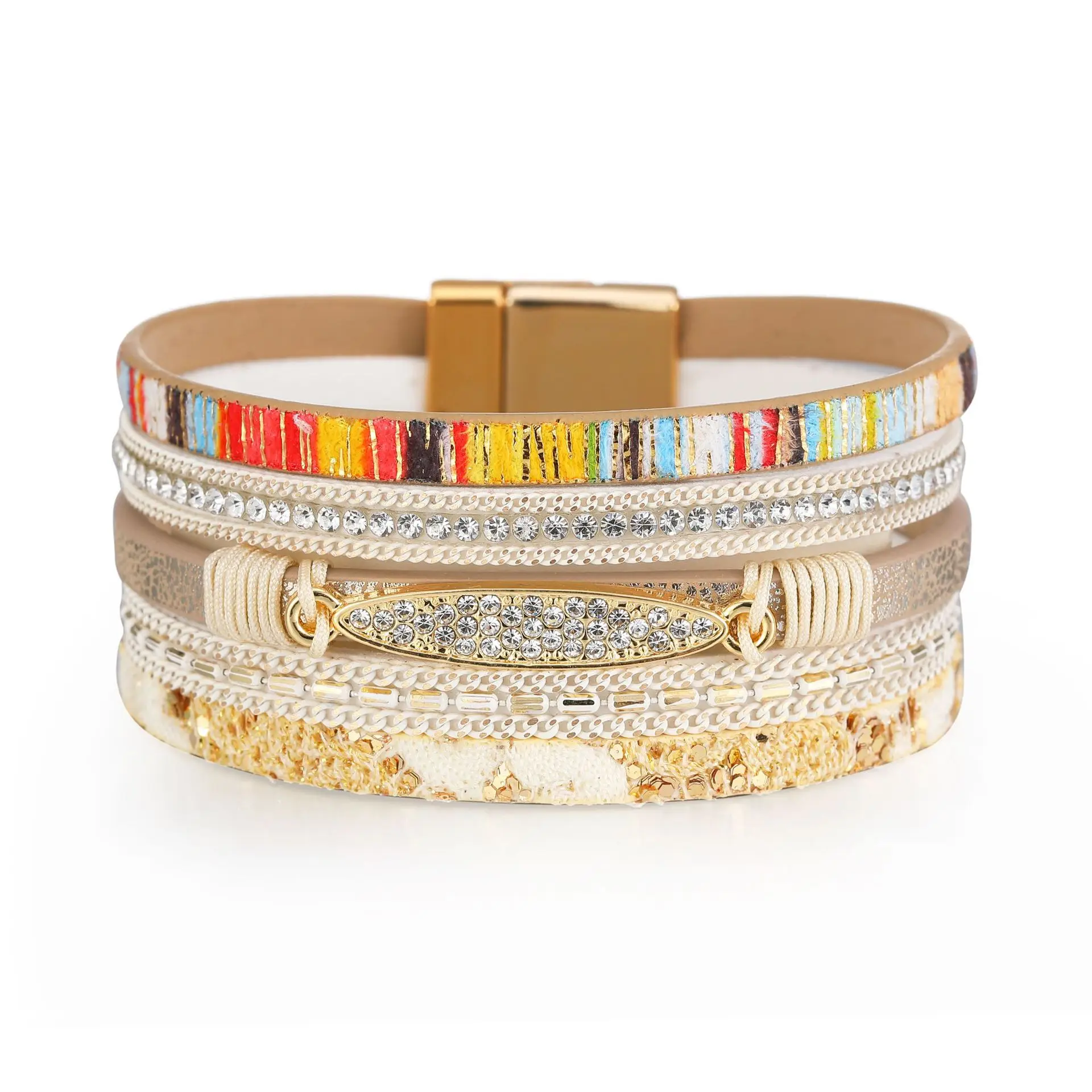 Luxury Handmade Bangle Boho Jewelry Rainbow Colored Multilayer Leather Wrap Wide Bracelets