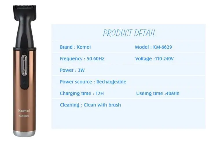 Kemei перезаряжаемые электрический триммер для носа KM-6629hair 2 в 1 уход за