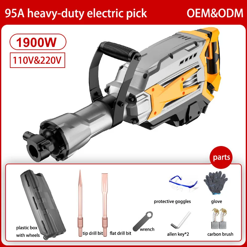110V/220V Heavy Duty Jack Hammer Electric Pick 95A 1900W High Power Concrete Breakers Rotary Demolition Impact Hammer Drill Set