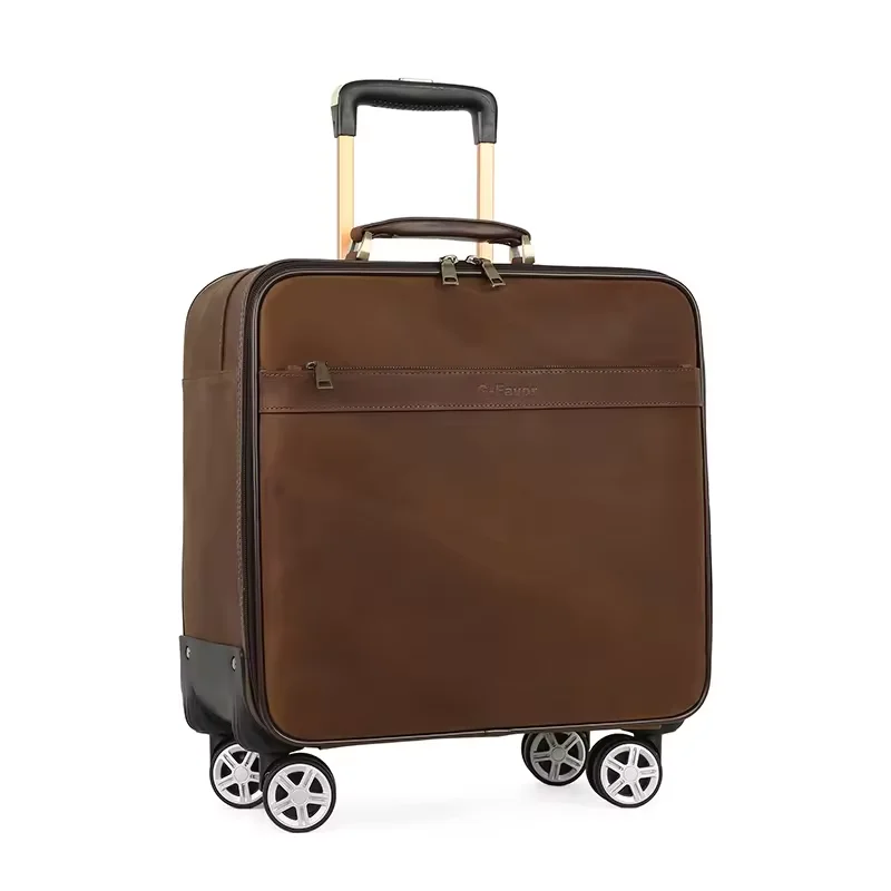 Full grain leather trolley suitcase luggage box carry business boarding trolley travel bag with wheels