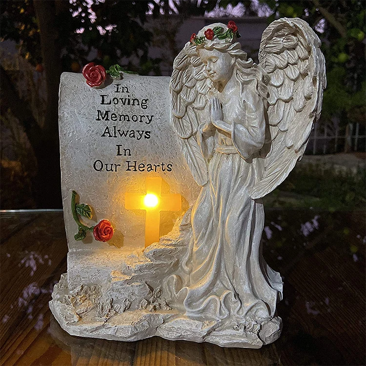 Wholesale custom design sympathy gift resin memorial garden resin angel with solar LED light