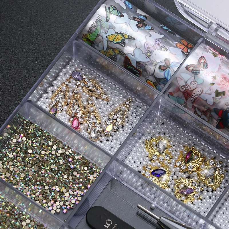 Wholesale Crystal Nails Various Alloy Charms Transfer Foil Decoration AB Flat Back Non Hot Fix Glass Rhinestones Nail Art