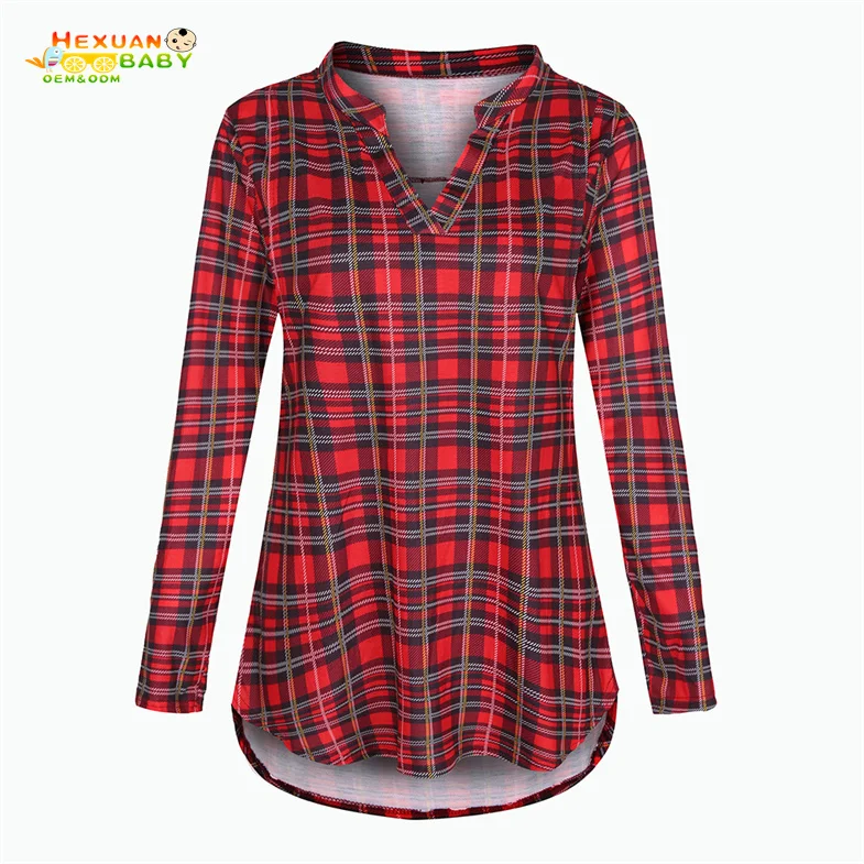2021 Pregnancy Nursing Mom 3/4 Sleeve Plaid Print Loose Tshirt With V Neck For Maternity Breastfeeding Women Clothes Shirt
