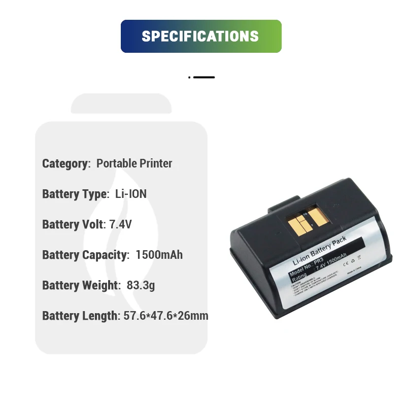 Lithium ion high quality rechargeable replacement 7.4V 1500mAh printer battery for PR2 PR3 1013AB01 318-049-001