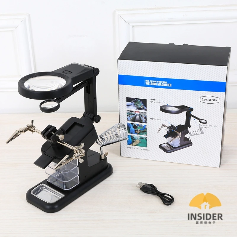  Professional Desktop 3X 4.5X Welding LED Third Hand Magnifier With Auxiliary Clip USB External Power