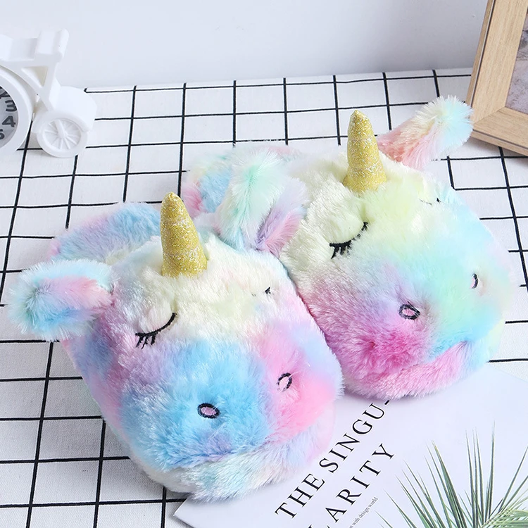 Wholesale Cute Toy Cartoon House Home Full Toe Fluffy Furry Animal Plush Unicorn Slippers