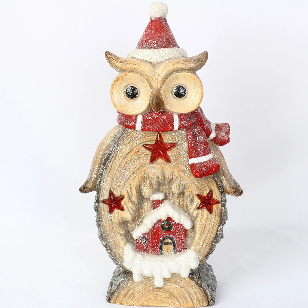 Christmas Indoor Owl Ornaments Village Lighted Ceramic 2AA Battery Xmas Holiday  Decor For Home Table