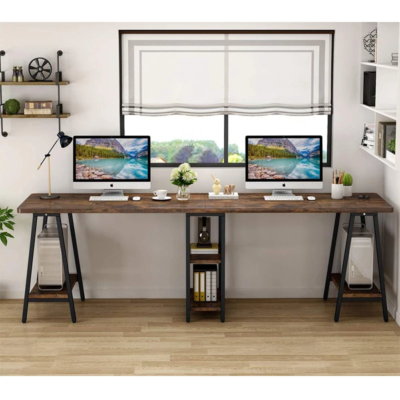 Новый дизайн L-образная металлическая рама 2 человека деревянный письменный стол с полкой для хранения