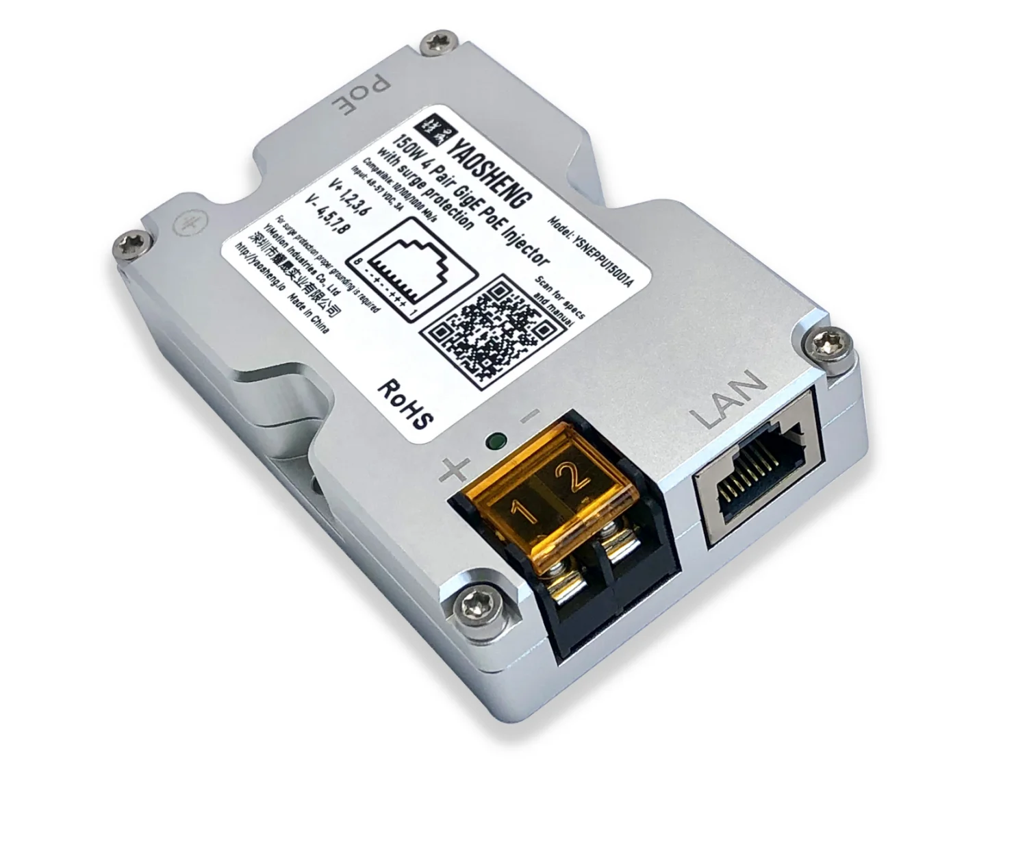 YAOSHENG 150W GigE Passive PoE Injector with Surge Protection,Developed for Dishy V2 pinout. 48-57V / 3A / 150W,Silver