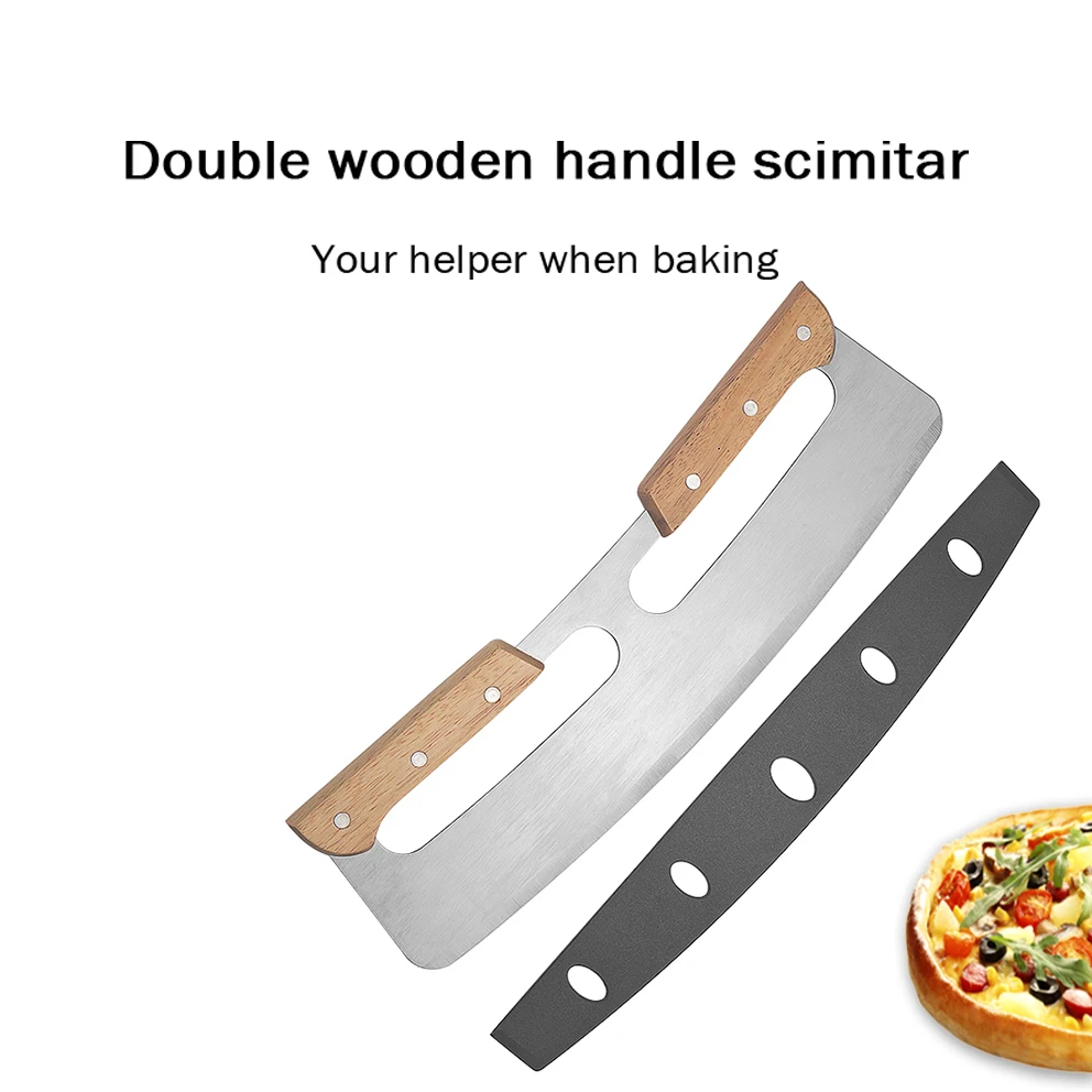14inch Stainless Steel Sharp Pizza Slicer Knife Tool Pizza Cutter Wooden Arc Shape Double Wooden Handle Pizza Cutter Rocker