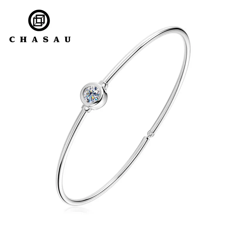 Classic Charms Birthday gift Hand Jewelry 925 Sterling Silver 0.5ct 5mm Bezel Round Moissanite Bangle Bracelet  for Women