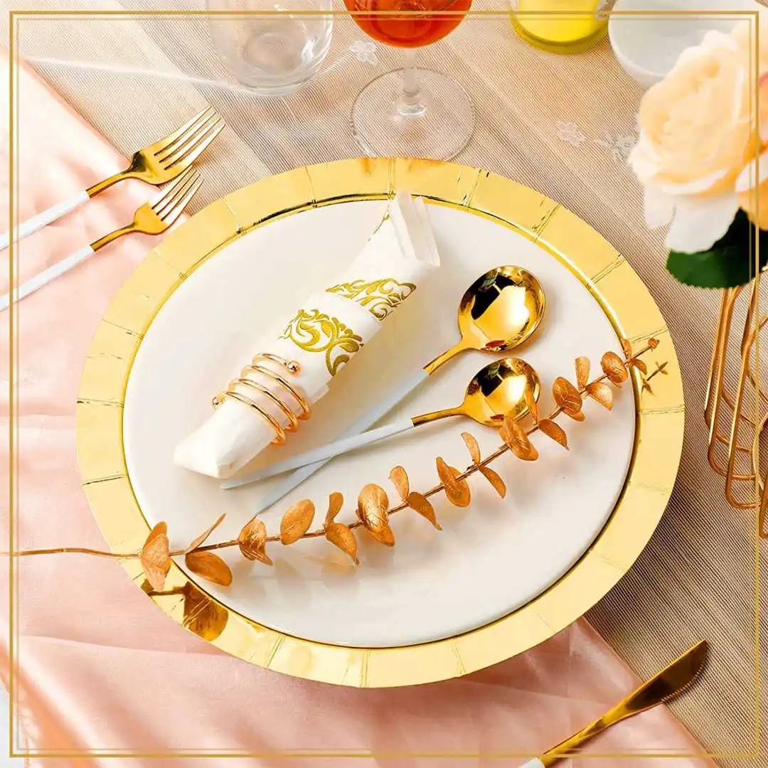 Wholesale Biodegradable Luxury Gold Grid Rim Elegant Disposable Dinnerware Paper Plates