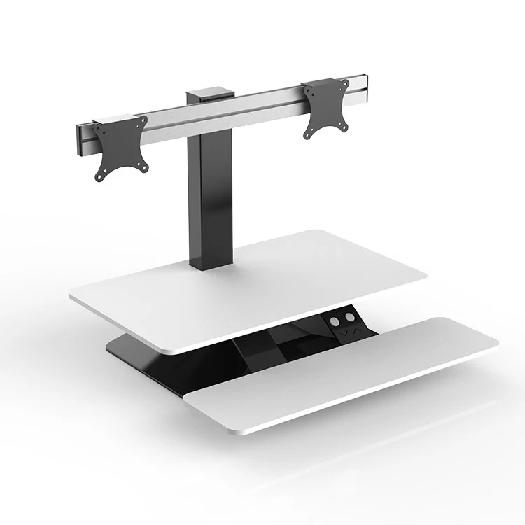 Variable height of compute desktop stand up workstation sit to stand desk riser with dual monitor arm