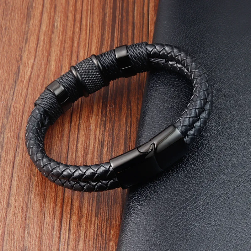 Alin Fashion Mens Braided Bracelet Black Genuine Leather Bracelet With Stainless Steel Clasp Wristband Bracelet For Men