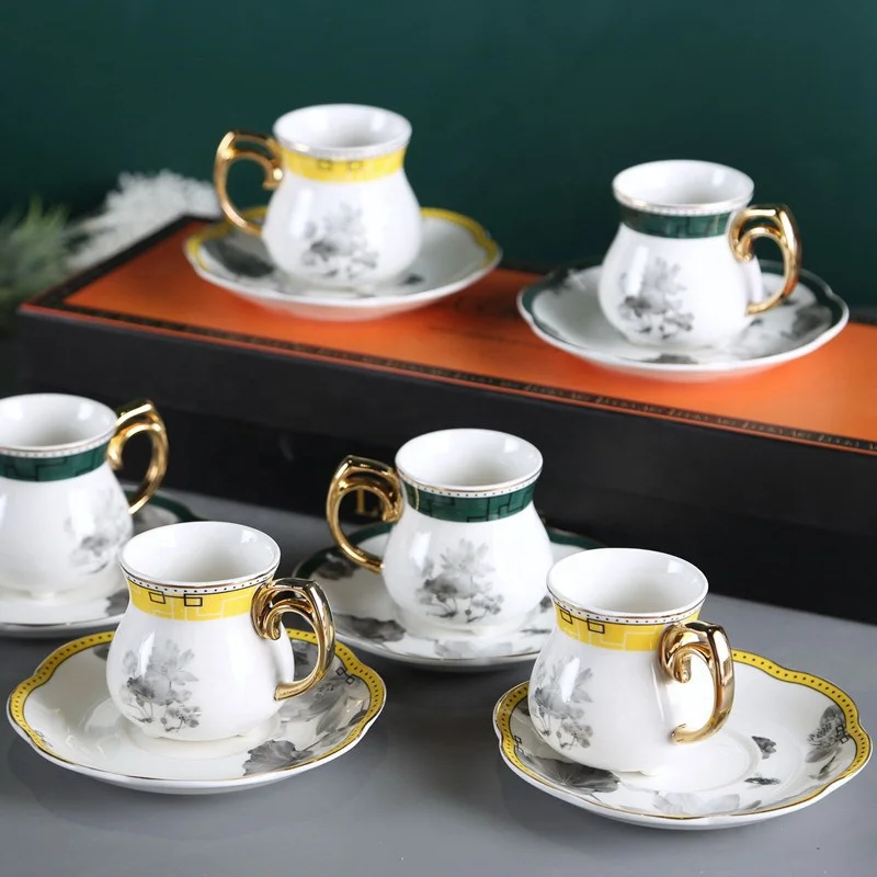 Light luxury retro Chinese style espresso ceramic coffee cup and saucer 6-piece set mix and match small coffee cup mini cup
