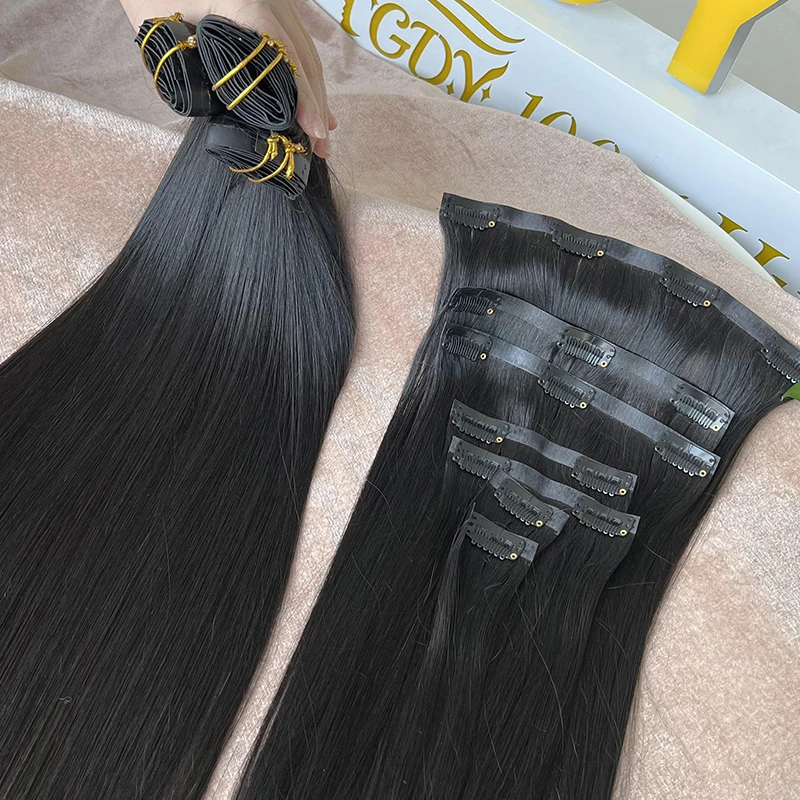 Raw Unprocessed Clip-ins Natural Human Hair Extensions 100g Pu Weft Invisible Seamless Straight Clip In Hair