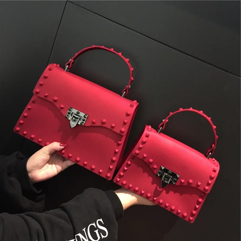 Rivet fashion designer transparent shoulder lady purse PVC jelly bag trendy color handbags for women