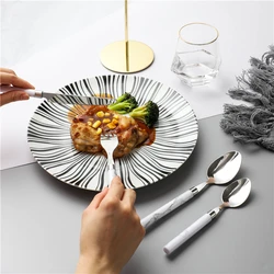 Hot sale restaurant hotel used 4 pcs stainless steel dinner fork spoon knife marble design plastic handle cutlery set