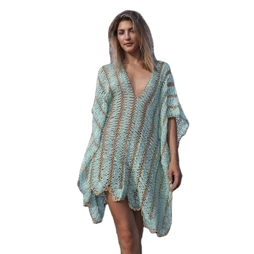 2022 New trend Knitted Crochet Beach Cover Up Swimsuit Women Deep V Neck Long Beach Dress Bikini