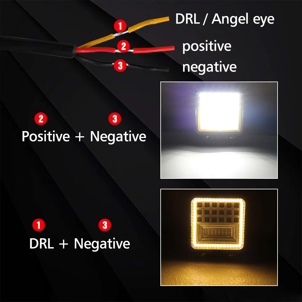 6000Lm 63W Flood 4X4 Atv Offroad Square Yellow Halo Ring Angel Eyes Truck Auto Led Work Light 42 Led Chip