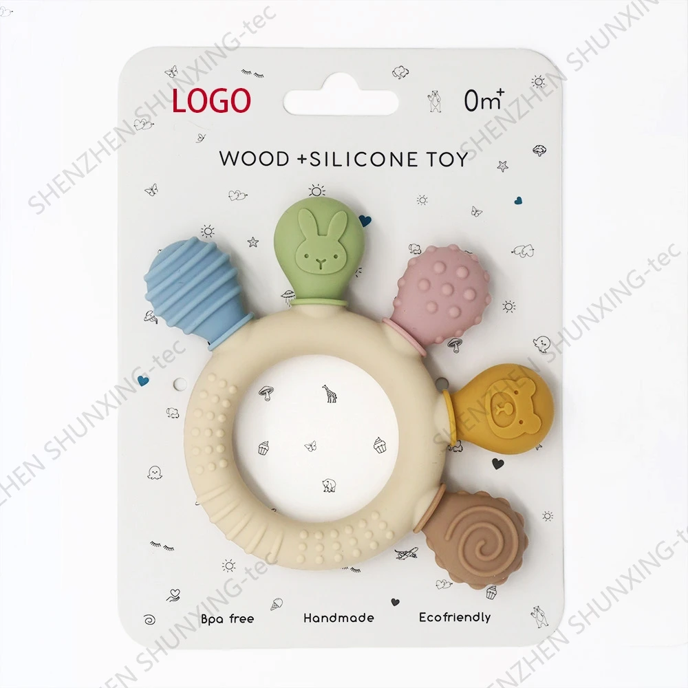 Free Sample Babi Chew Teether Toys BPA Free Teething Rudder Ring Food Grade Silicone Soothing Dummy Baby Teethers