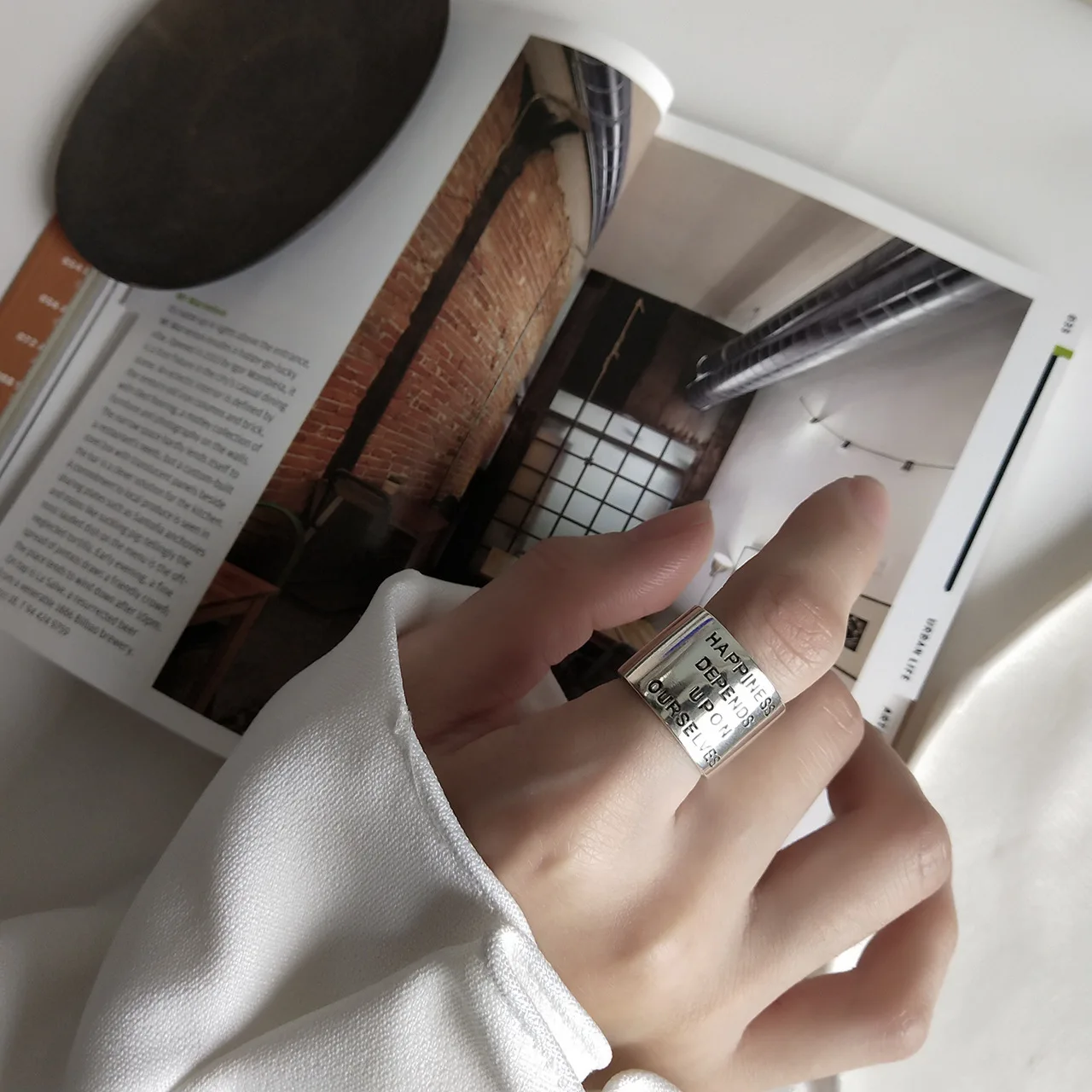 925 Vintage Letters Happiness  Depends Upon Ourselves Wider Minimalist Ring Vintage Ring Silver 925 Rings