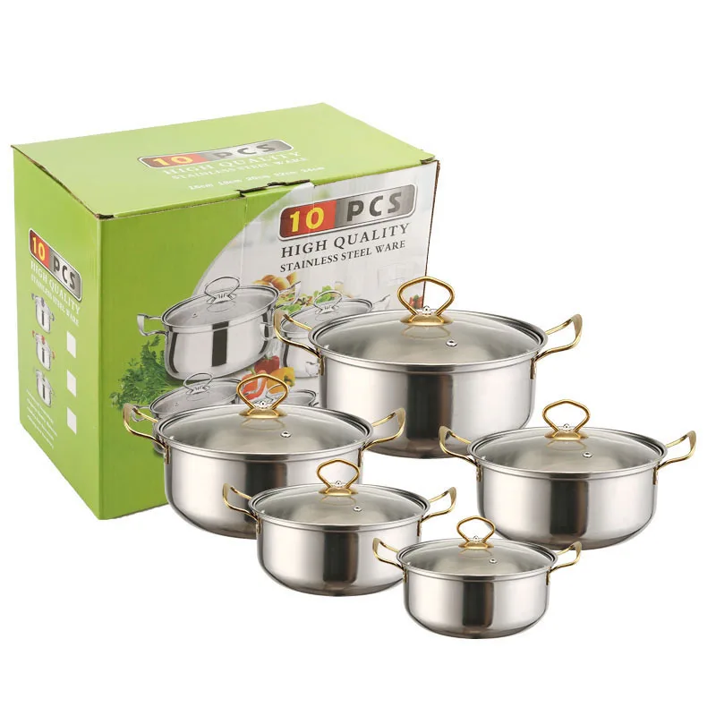 10 Piece Wholesale Kitchen Ware Stock Pot gold handle Stainless Steel Cooking soup Pot Cookware Set