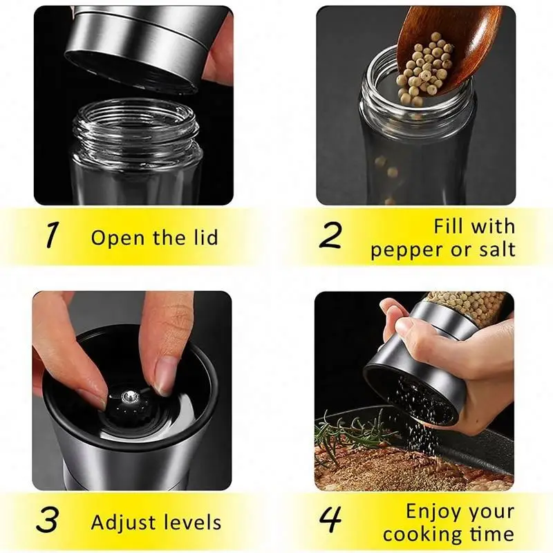 R&D Supported Salt And Pepper Grinder Bottles Stainless Steel Short Glass Shakers With Adjustable Coarseness