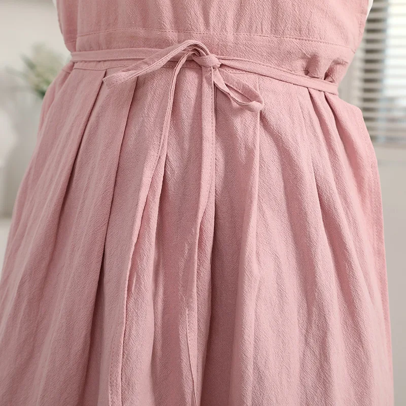 Cotton linen apron solid color small fresh sleeveless apron wear literature and art girl apron at home and abroad