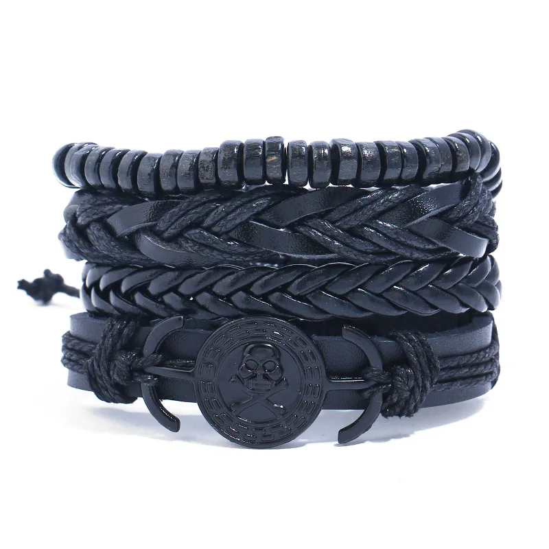 Retro DIY woven imitation cowhide bracelet for men pirate skull style leather bracelet set