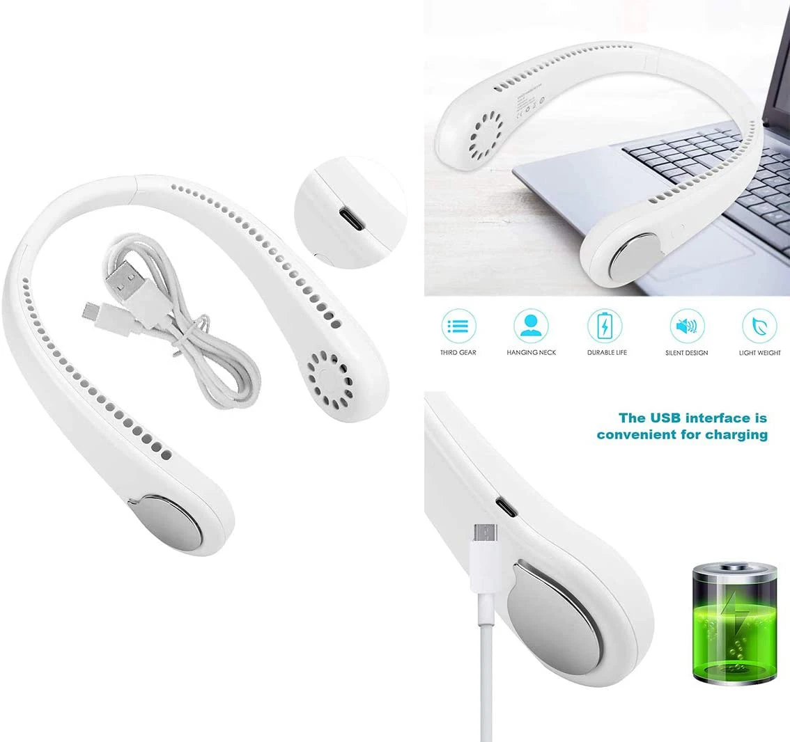 
2021 Hand Free 2000 mAh 3-Speed 6-Hour Battery Life Wearable Bladeless Fan Portable Mute M6 Neck Fan 