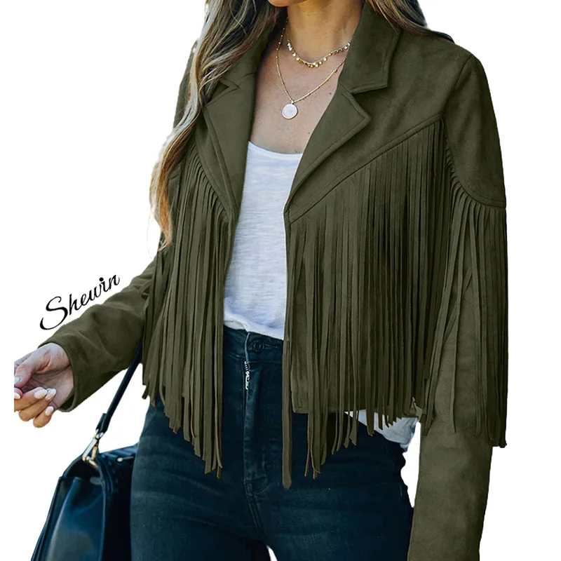 Factory Wholesale Autumn 2022 Long Sleebve Crop Fringe Faux Suede Jacket For Women