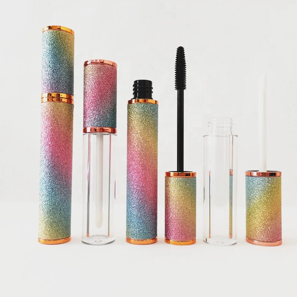 2021 низкий минимальный объем заказа, оптовая продажа, пустая круглая блестящая тушь для ресниц, упаковка в радужную бутылку для ресниц, тюбик для блеска для губ с кисточкой