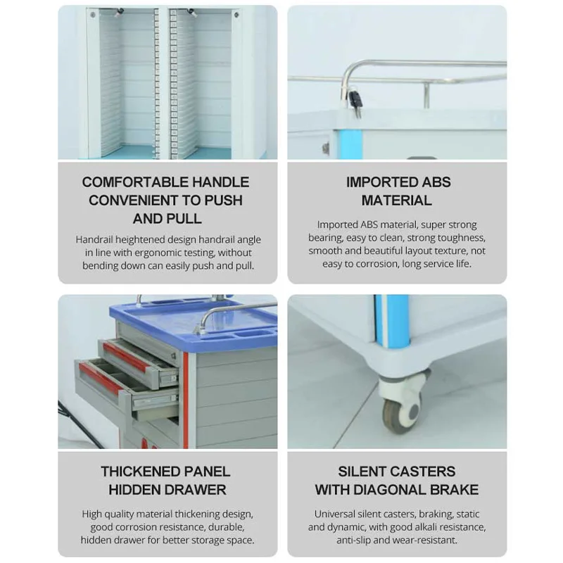 Hospital Treatment Room Medicine Trolley Medical Movable ABS Instrument Trolley with Large Shelves