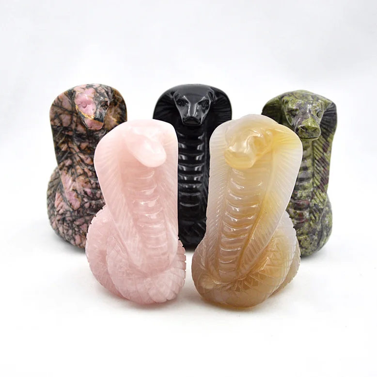 Hand Craved Natural Stone Big Snake Decoration Reiki Crystal Animal Engraved Pink Quartz Rhidonite Ornaments for Home Office