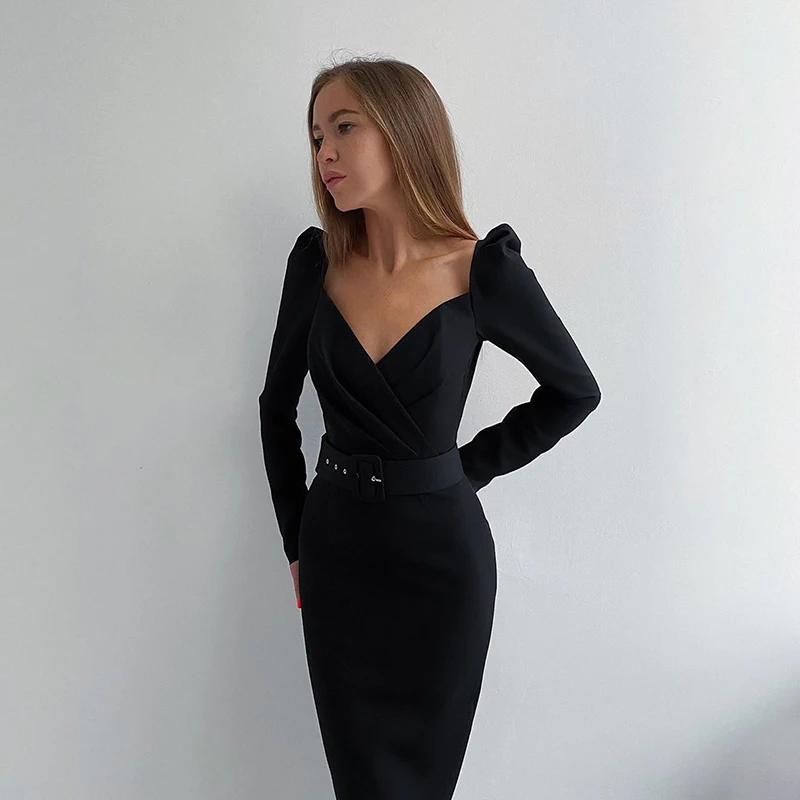 
Elegant Party Women Dress Mid Calf Pencil Dress Puff Sleeve Sheath Dress Slim V Neck Long Sleeve Office Lady Solid Casual Formal 