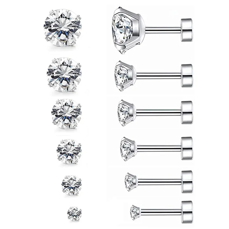 Серьги-гвоздики женские из нержавеющей стали с фианитом 3-8 мм