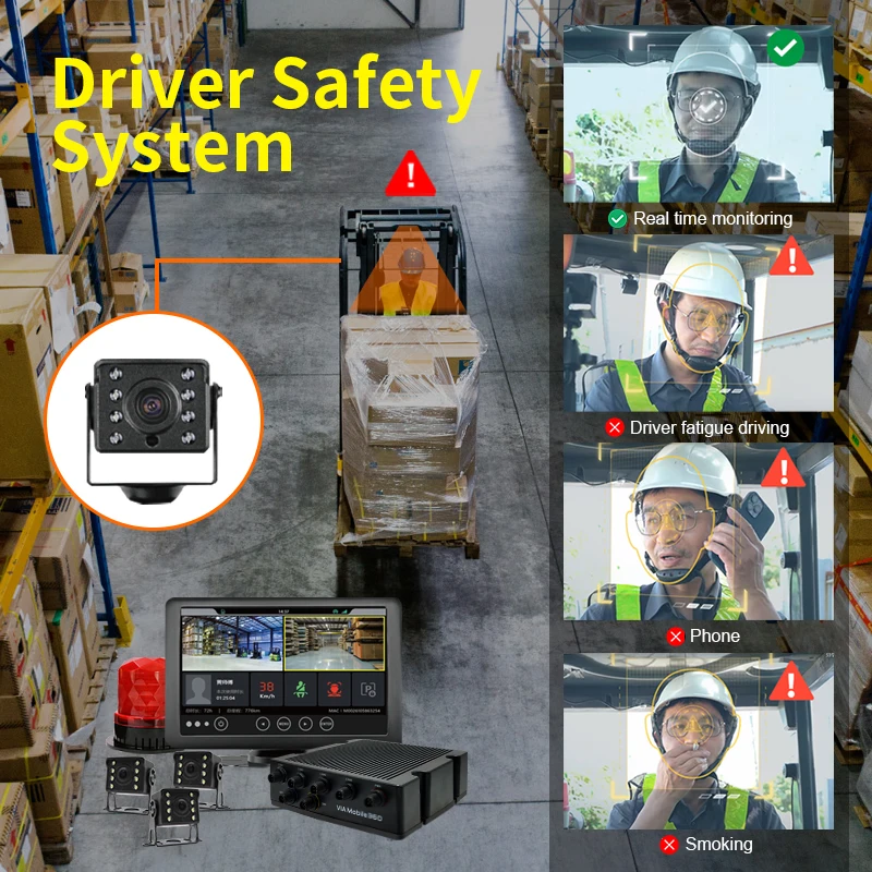 Factory forklift vehicle fleet management pedestrian detection system forklift ai collision warning system with camera