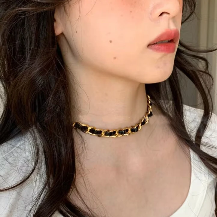 Handmade leather wrapped chain choker necklace for women jewelry