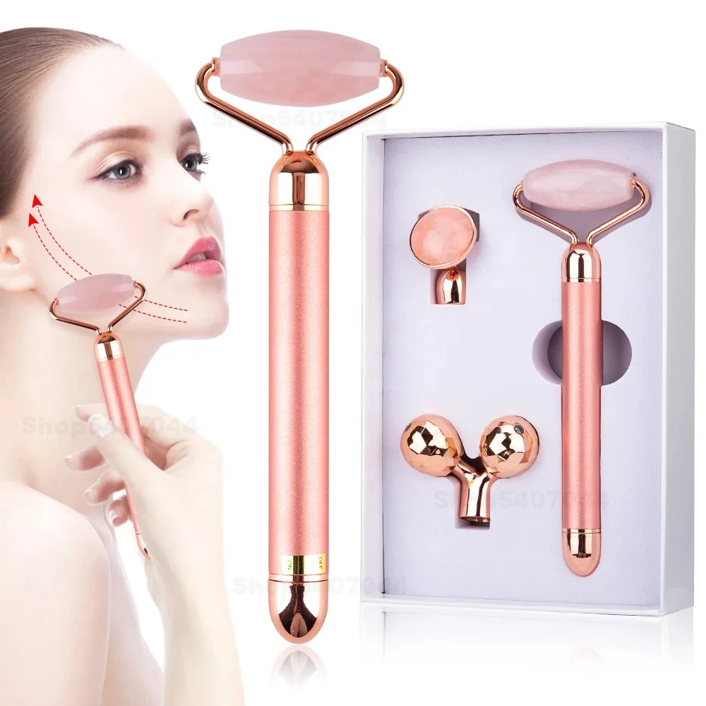 
Electric Jade Roller Natural Rose Quartz Vibrating Massager For Face Lift Slimming Wrinkle Removal Skin Tightening 
