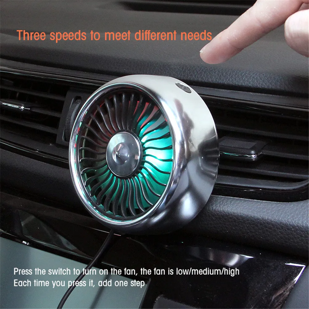 Powerful 3 Gears Car Usb Fan 360 Degree Rotatable Led Lights Usb Power Car Auto Cooling Air Fan for Car Air Vent