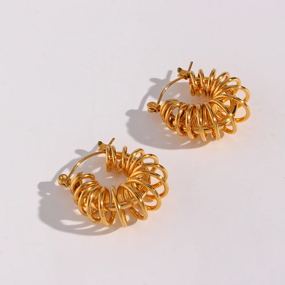 Minimalist Waterproof Stainless Steel Round Hollow Geometric Unusual Jewelry 18K Gold Winding Chunky Hoop Earrings For Women