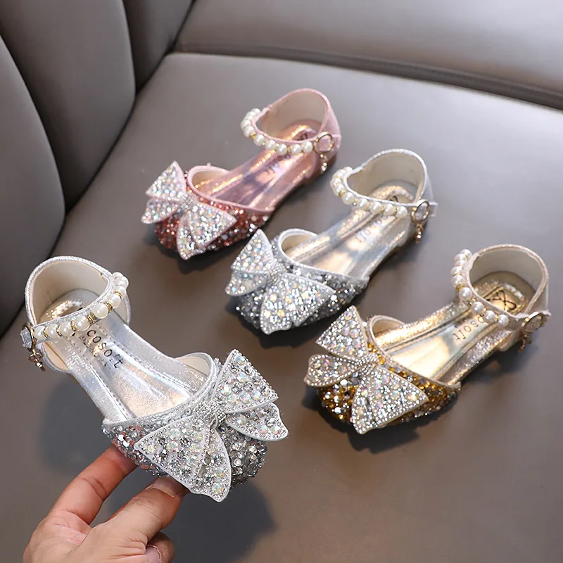 New arrival Elegent  girls PU leather shoes  Girls heels princess shoes with bow little  Girl party Sandals with rhinestone