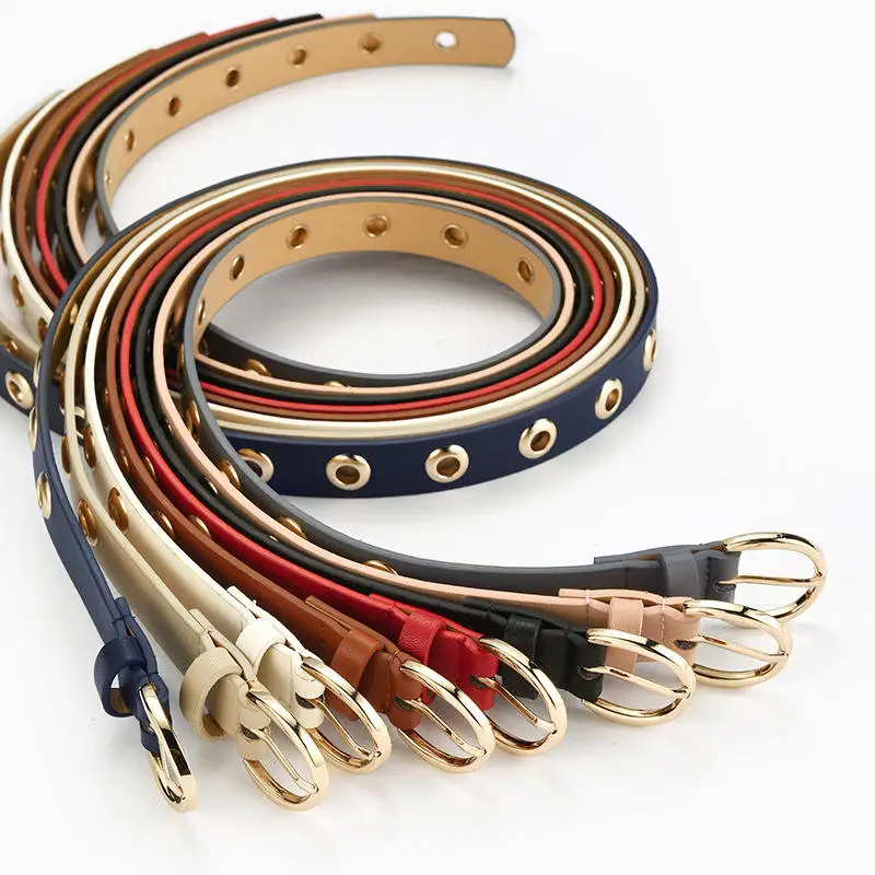 Women Casual Punk Red White Camel Brown Alloy Eyelets Pu Leather Belt For Women Female