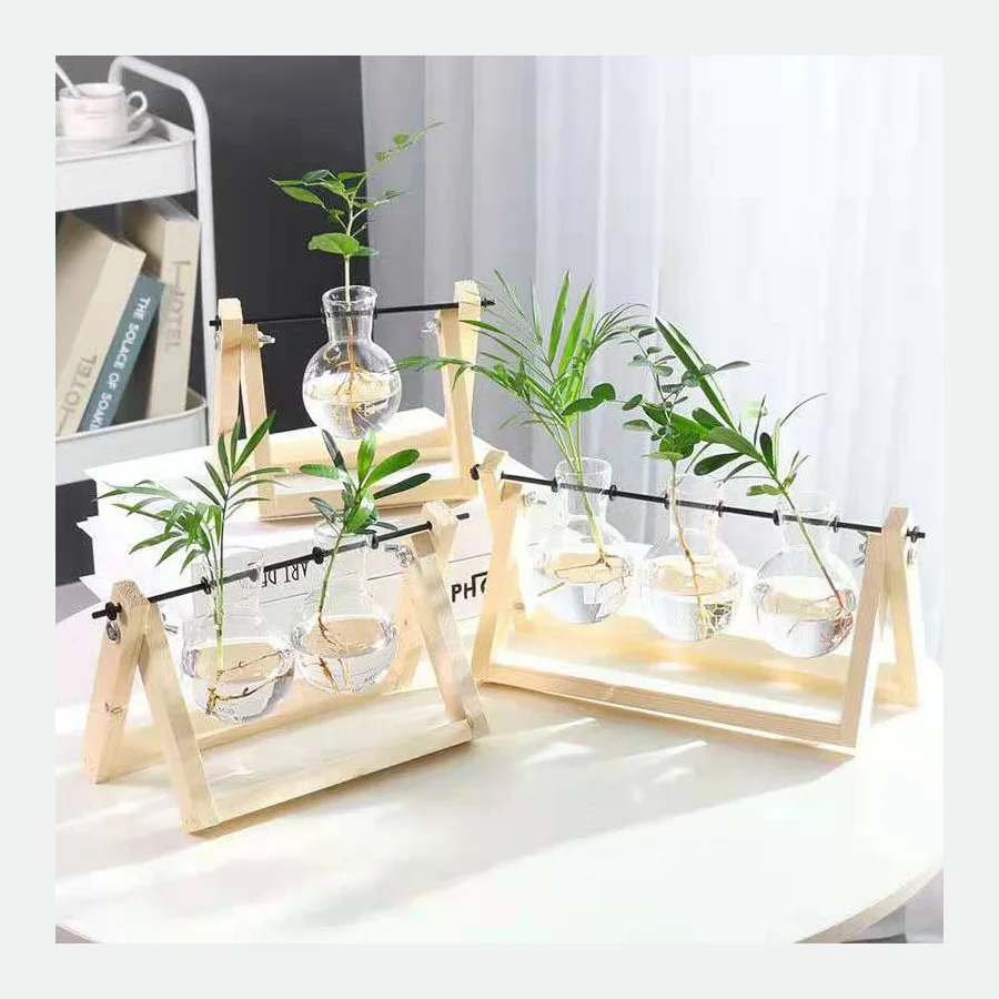 Desktop glass planter bulb glass vase with wooden stand propagation station