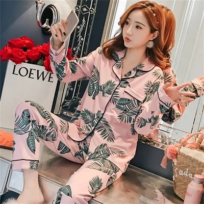 Cheap Women Sleepwear Lapel Milk Silk Fabric Turn-down-neck Loungwear Pajamas Cartoon Long Sleeve Trousers 2Pcs Sets Pjs