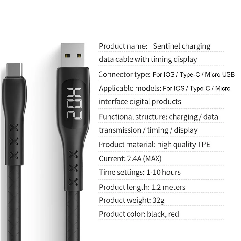  USB кабель для зарядного устройства Type-C/Micro/IOS с таймером дисплей синхронизации данных Быстрая зарядка iPhone Samsung Xiaomi