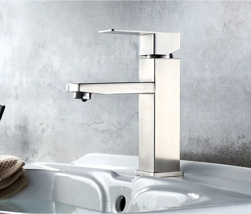 Modern Square 304SS Bathroom Sanitary Ware Hot and Cold Mixer Sink Water Taps Basin Faucet with Satin Nickel Brushed Black Gold