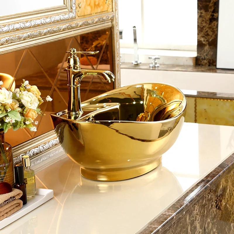 New Elegant bathroom sink ceramic gold electroplate golden wash basin