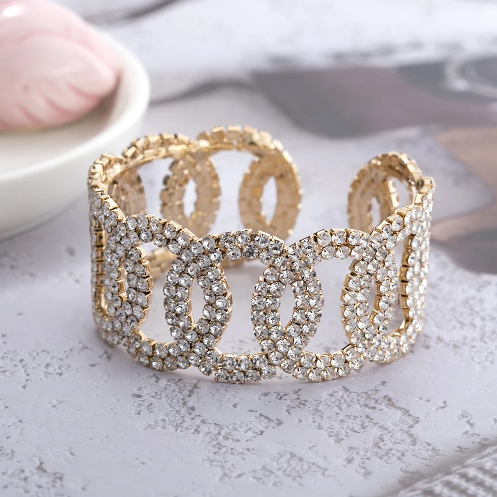 China Goods Wholesale Stainless Steel Cut Diamond Bangle Geometric Gold Open Rhinestones Cuff Bracelets Women Copper Jewelry